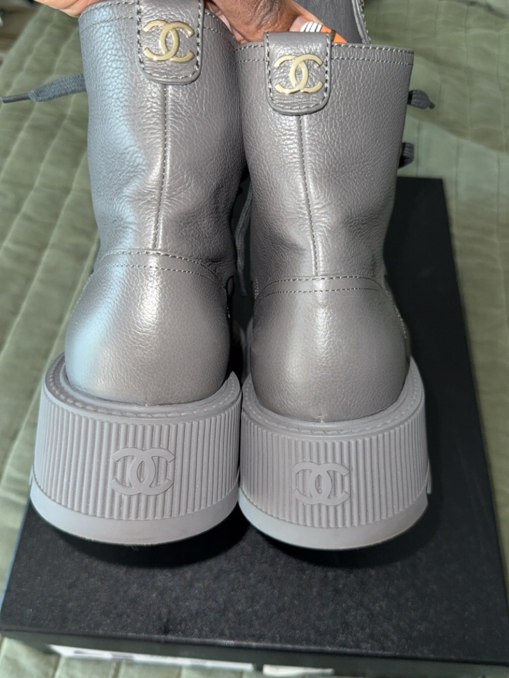 CHANEL Gray and Black Lace-Up Combat Boots (Box Label) - Picture 2 of 3